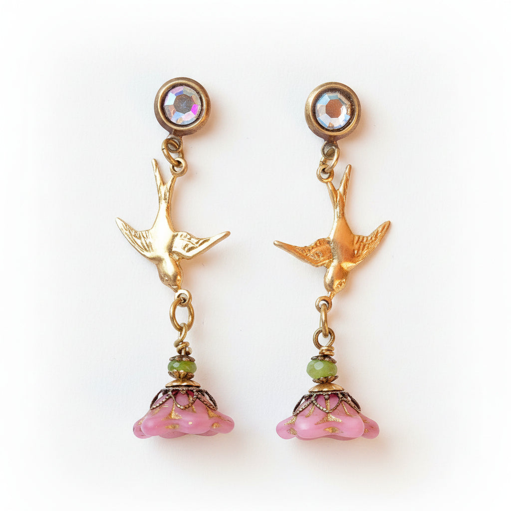 aros colgantes golondrina y flor rosada