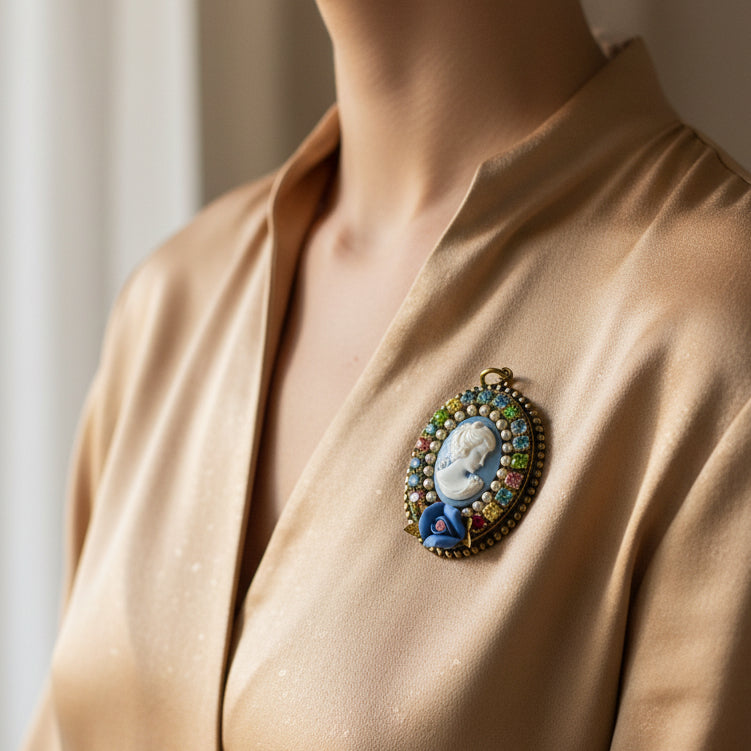 prendedor camafeo imagen de mujer, y flores de porcelana. 