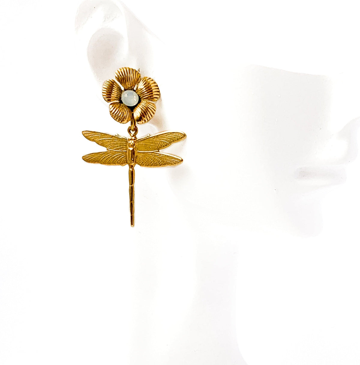 aros libelula dorada y flor
