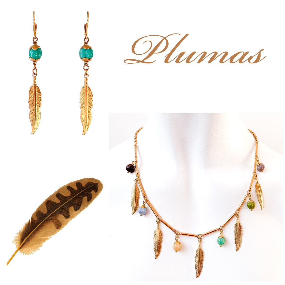 conjunto collar y aros plumas doradas